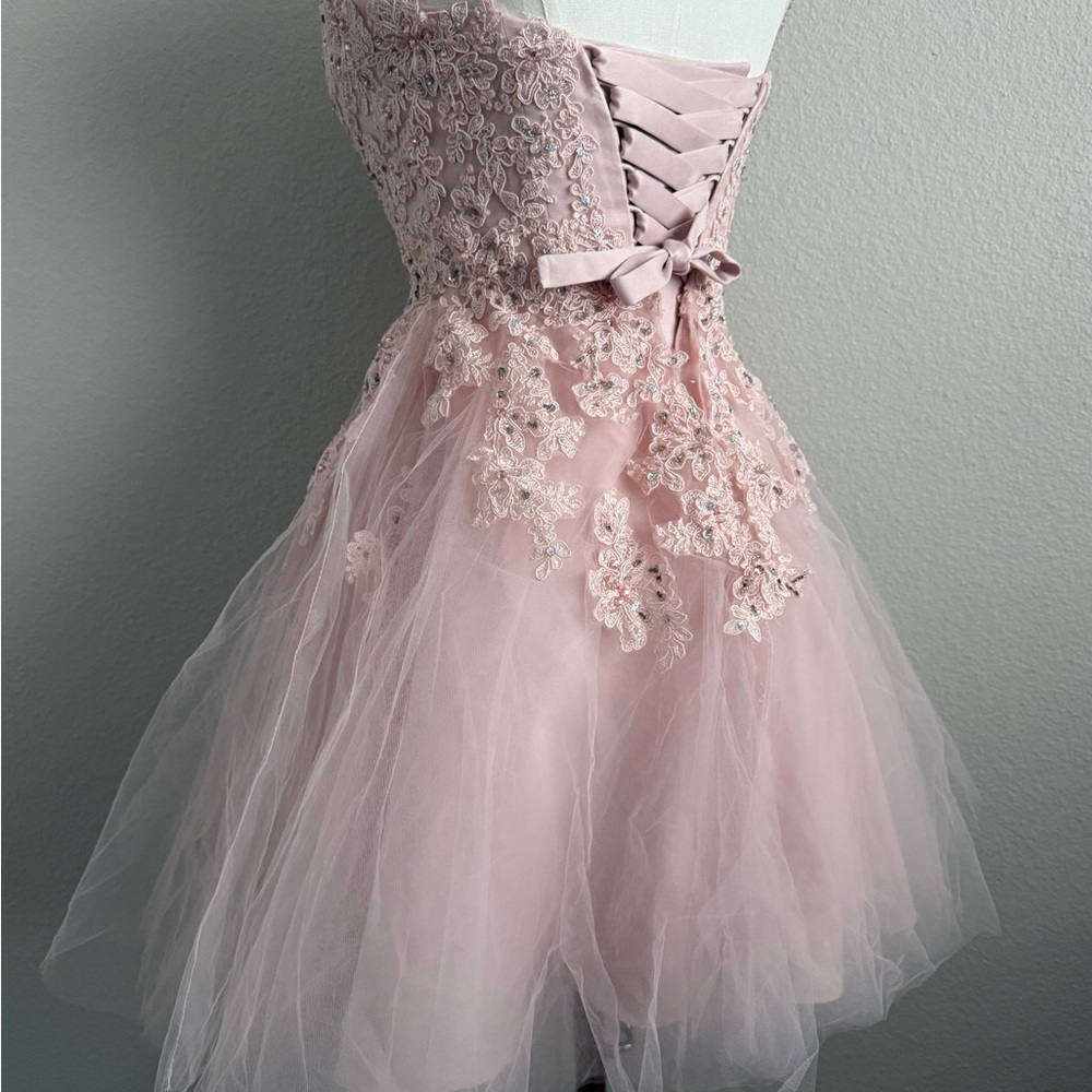 Morilee Blush Pink Lace Tulle formal prom Dress - Size 00 - Beaded Mini - Picture 4 of 8